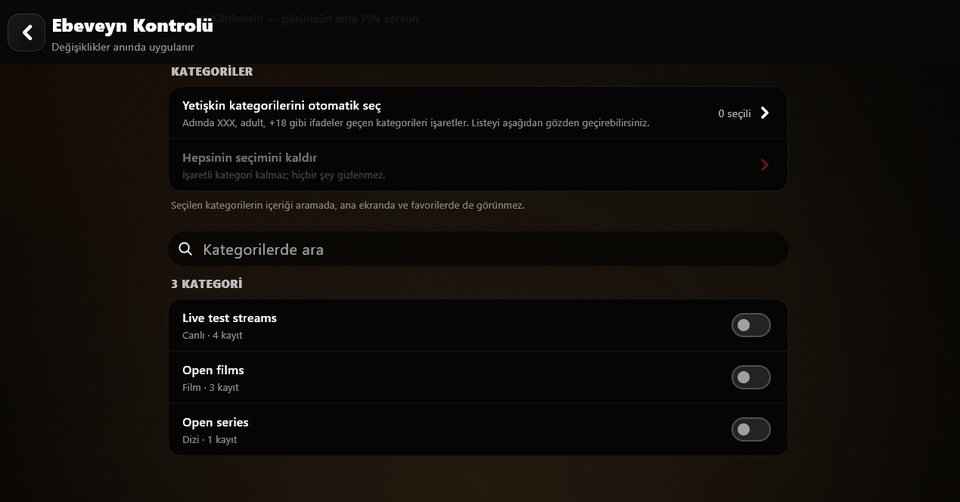 Kategoriler bir PIN ile gizlenir; aramada ve ana ekranda da görünmez